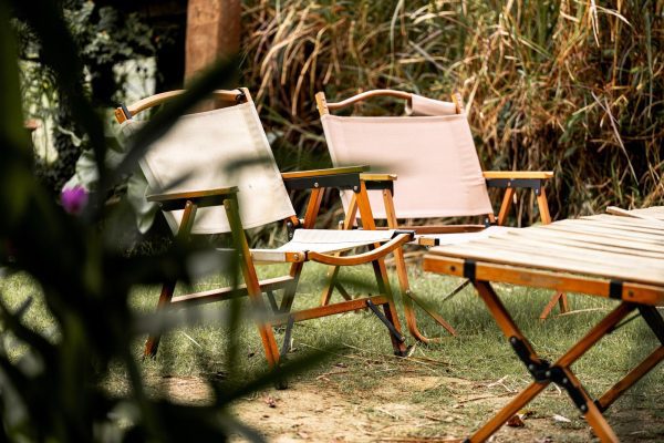 An empty chairs in backyard or garden, Concept of calm relaxation and comfortable